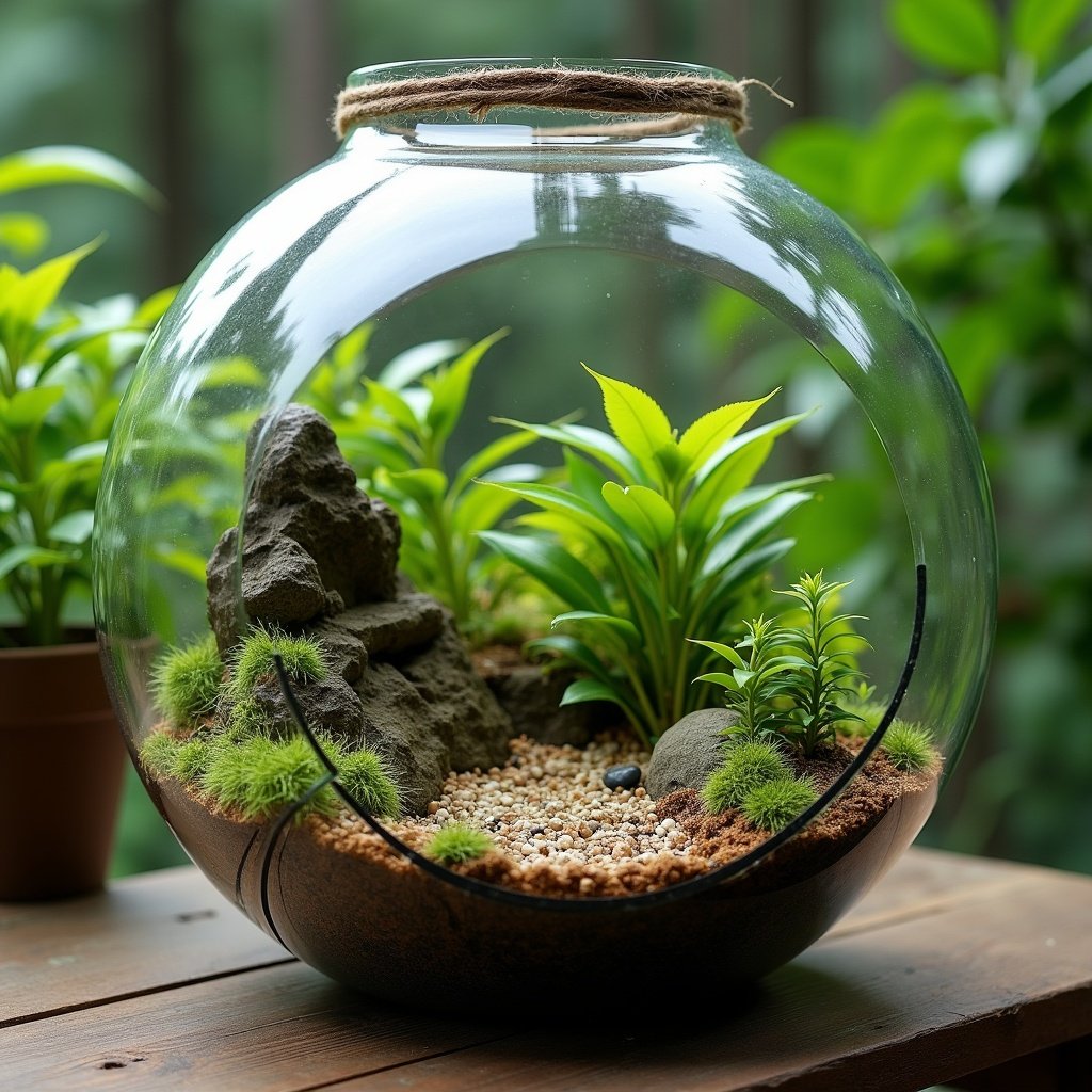 A terrarium contains various plants. Glass container features rocks, plants, and moss. It sits on a wooden table. The setting is natural and bright.