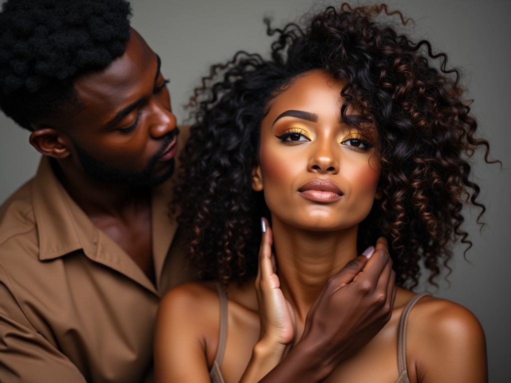 The image showcases a close-up of two individuals with an emphasis on their expressive features. The woman, with striking makeup and curly hair, is looking directly at the viewer with a confident expression, while the man gently supports her with a calm demeanor. The lighting highlights their features, adding depth and texture to the scene.