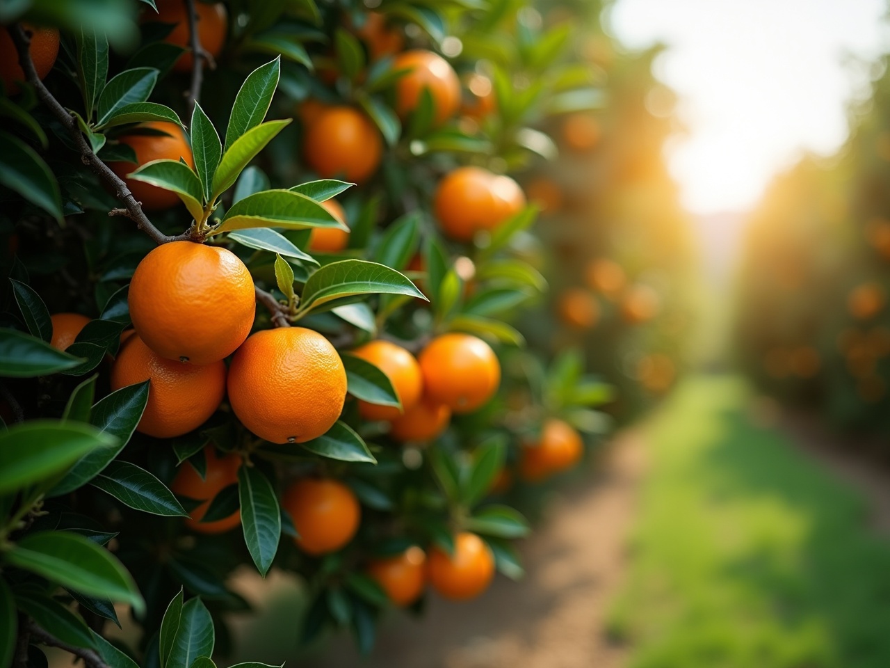 The image shows a lush fruit tree loaded with ripe oranges. The vibrant orange fruits hang among deep green leaves, creating a striking contrast. The sunlight filters through the foliage, enhancing the colors and adding a warm glow to the scene. The background features a blurred mix of greenery, suggesting a serene outdoor setting. This setting captures the essence of a fruitful orchard during a sunny day.