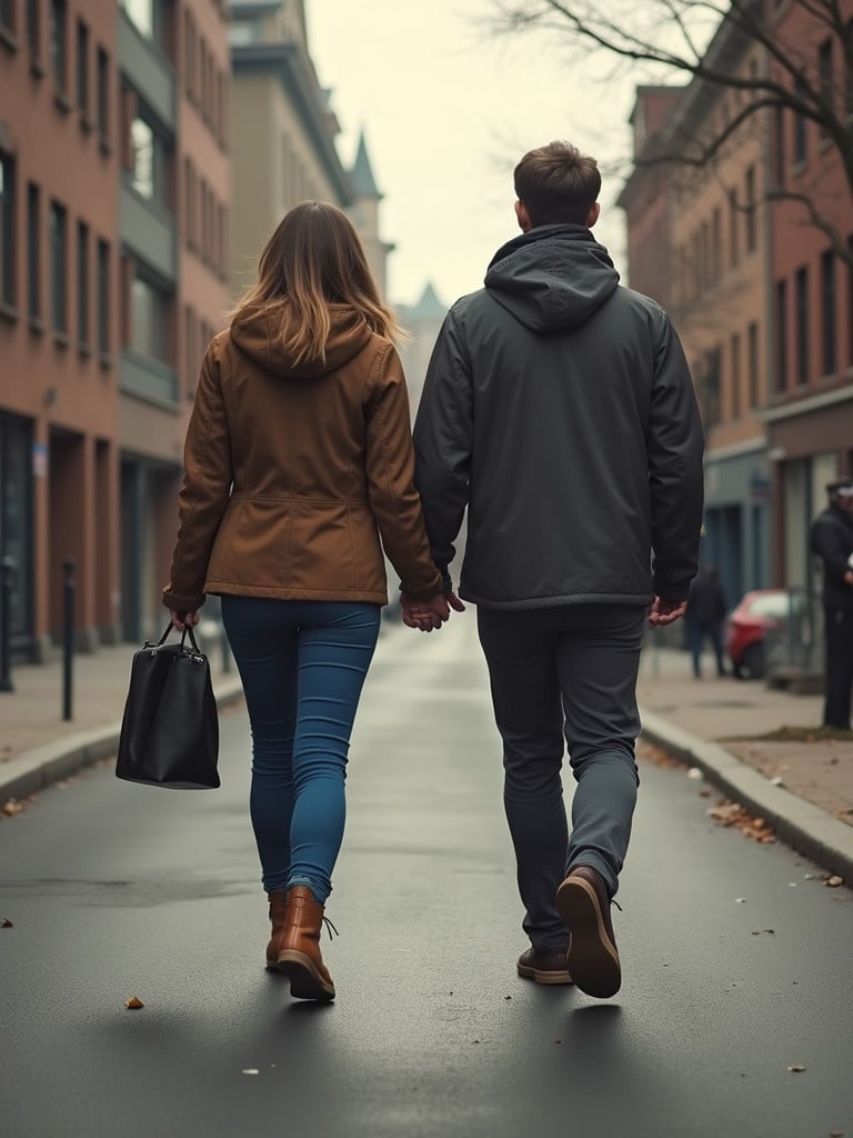 Image depicts two people walking down an empty city street. They are holding hands and looking ahead. The scene is set in a cool, overcast day. Buildings in the background contribute to an urban environment. Both individuals are dressed casually. The woman has brown hair, wearing a brown jacket and blue jeans. The man has short dark hair, dressed in a grey jacket and trousers.