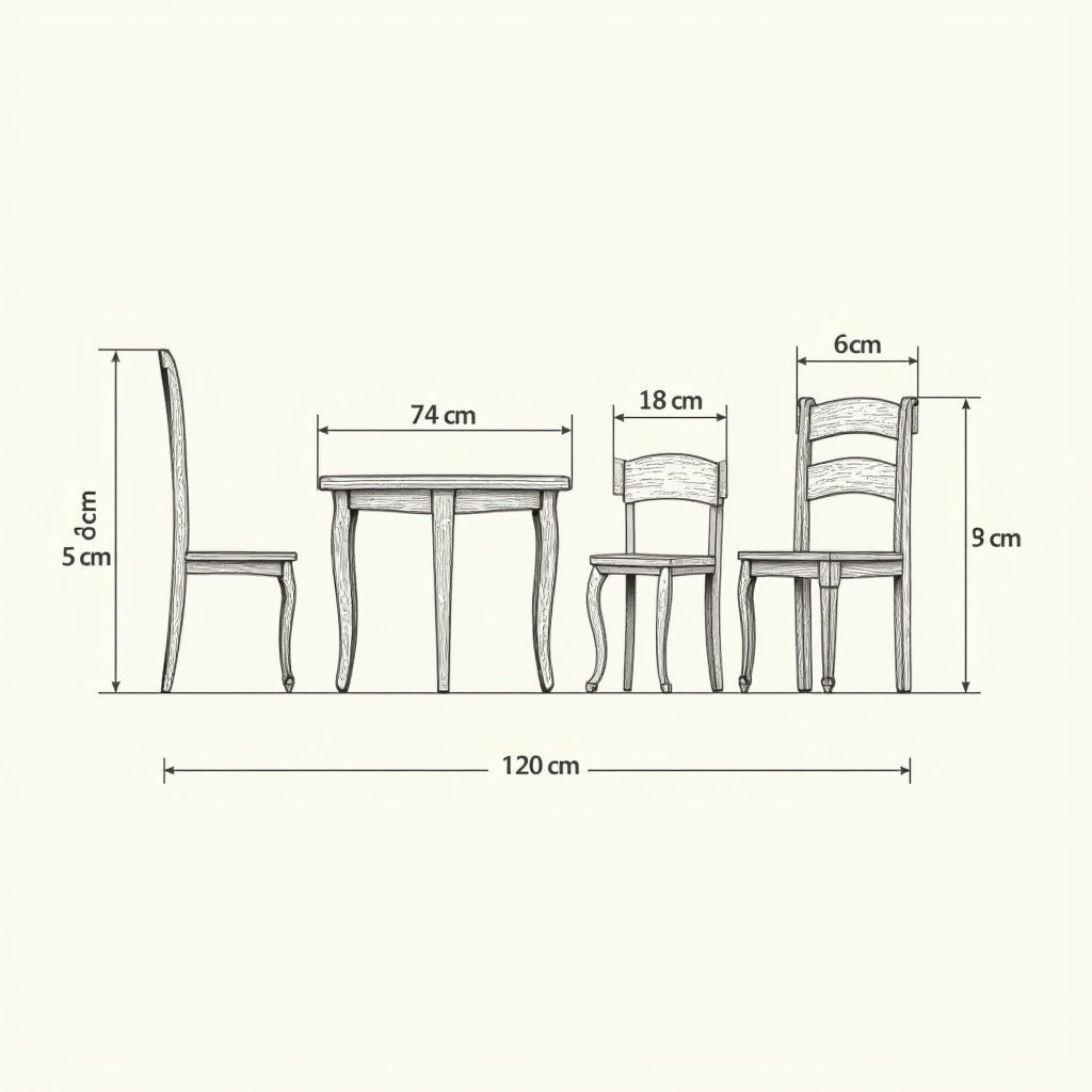 Detailed orthographic scale drawing of a five-piece furniture set. Each piece has specific dimensions. Table height is 74 cm, width is 120 cm, thickness 6 cm, rounded corners of 4-5 cm. Second piece: 67 cm height, 106 cm width, thickness 5 cm, 3-4 cm corners. Third piece: 61 cm height, 94 cm width, 5 cm thickness, 2.5-3.5 cm corners. Fourth piece: 55 cm height, 82 cm width, 4.5 cm thickness, 2-3 cm corners. Smallest piece: 49.5 cm height, 71 cm width, 4 cm thickness, 1.5-2.5 cm corners.