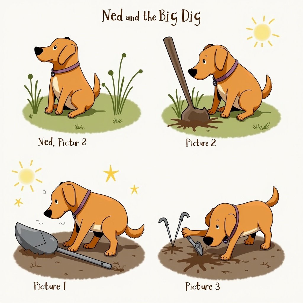 Dog named Ned engages in playful digging. Three sequential images depict Ned's journey. First image shows Ned sitting. Second image shows Ned digging. Third image shows Ned digging in mud and finding an object.