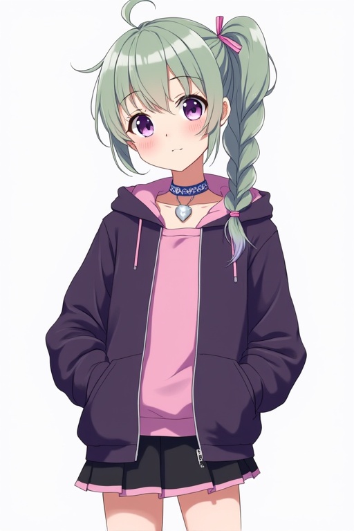 Young character with light green hair styled in a ponytail and a braid. Wears a dark purple jacket over a pink top. Features a silver heart choker with a blue strap. Dressed in a short black skirt with a pink waistband. Holds a custom Chaos Duel Disk. Appearance conveys a feminine style.