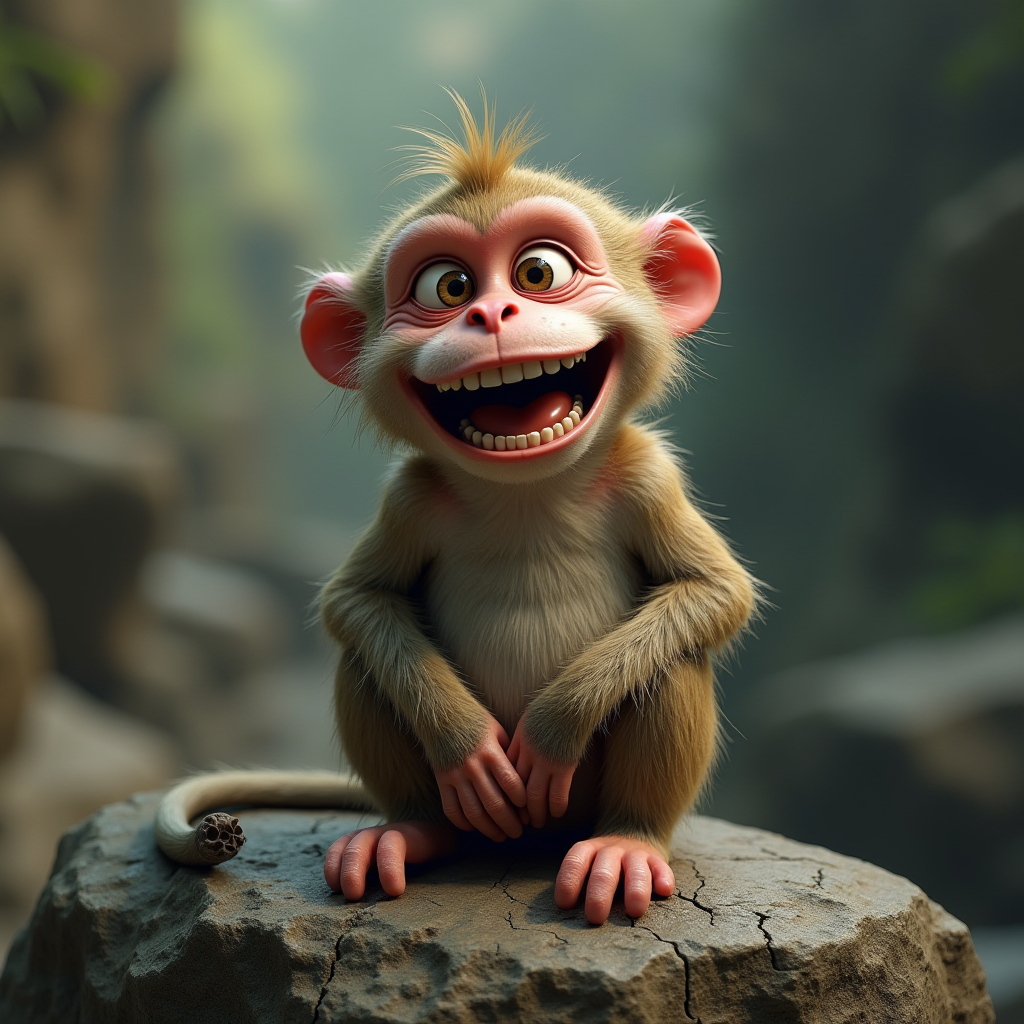 A cheerful, cartoon monkey sitting on a rock in a jungle setting, smiling widely.