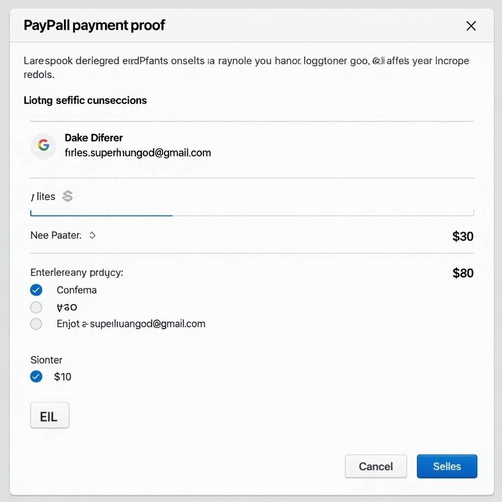 Generate a proof of a PayPal payment. Include details of a $30 transaction. Show the email address jake.the.superhumangod@gmail.com. Display payment details clearly.