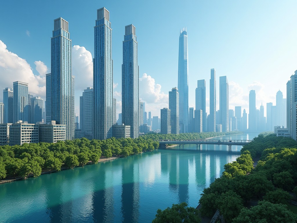 This image depicts a realistic modern cityscape featuring impressive skyscrapers and a serene riverside view from an elevated perspective. The towering buildings reach towards a bright, clear sky, reflecting the vibrancy of urban life. Below, the tranquil river weaves through the city, surrounded by lush greenery that creates a peaceful contrast to the modern architecture. The sunlight illuminates the scene, enhancing the blue tones of the water and the glass facades of the buildings. The overall composition captures the essence of a bustling yet harmonious urban environment, perfect for showcasing contemporary city living.