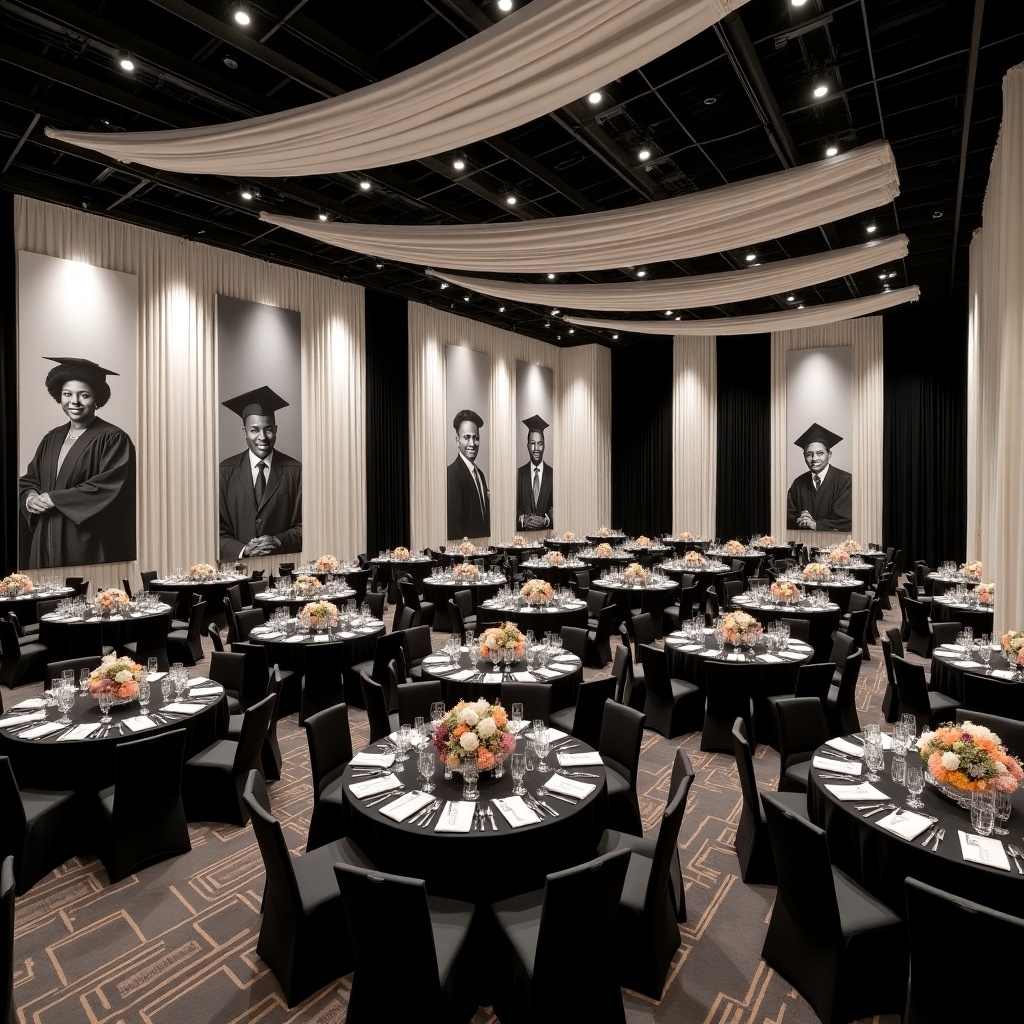 The image depicts a lavish banquet room set up for a graduation celebration. The room features multiple round tables, each adorned with elegant floral centerpieces in shades of orange. The walls are decorated with large black and white portraits of African American graduates, highlighting their achievements. Soft black and white drapes hang from the ceiling, adding to the sophisticated atmosphere. The setting is designed for a formal event and creates a warm, inviting environment for guests to celebrate their accomplishments. Overall, the design balances elegance with cultural significance.