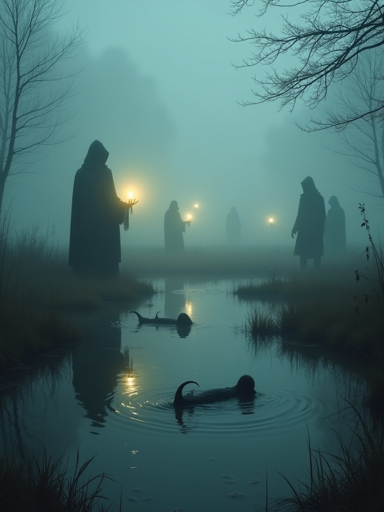 A marshy area shrouded in mist. Silhouettes of hooded figures holding glowing orbs in the distance. Eerie light illuminates the scene. Strange creatures swim in the water. Forms of creatures are barely visible.