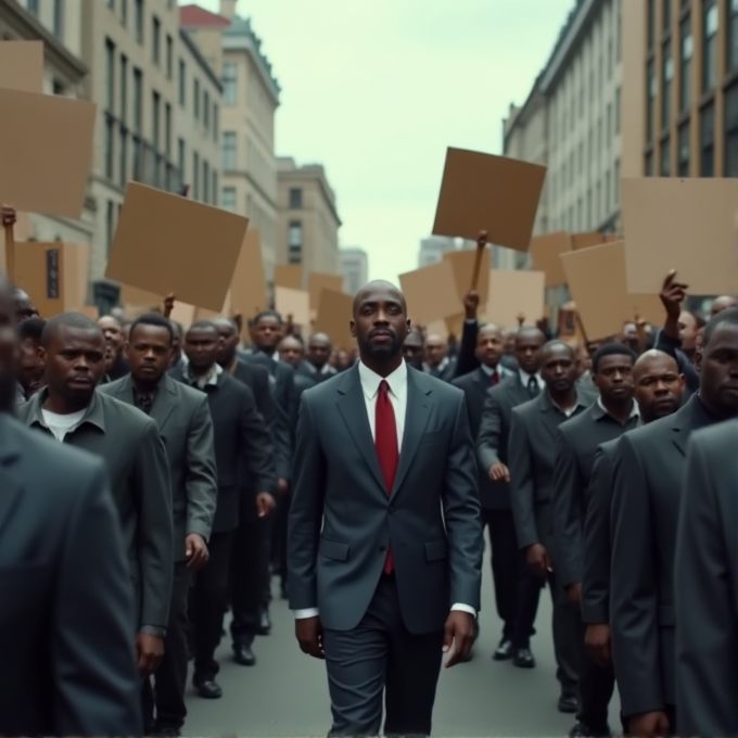 A determined leader in a suit leads a peaceful protest of men in matching suits, holding blank signs on a city street.