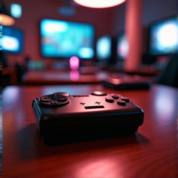 A retro-style game controller is resting on a wooden table, with multiple colorful screens glowing in the background.