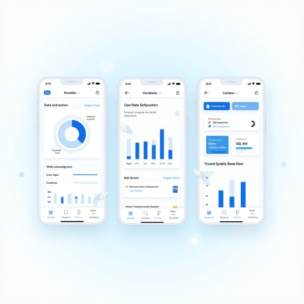 Image showcases a mobile application interface focused on data extraction and analytics. Three screens on smartphones display user-friendly designs. Screens contain graphs, statistics, and user data representations. Emphasizes clean and accessible layout. Color scheme combines blue and white elements, creating tech-savvy feel.