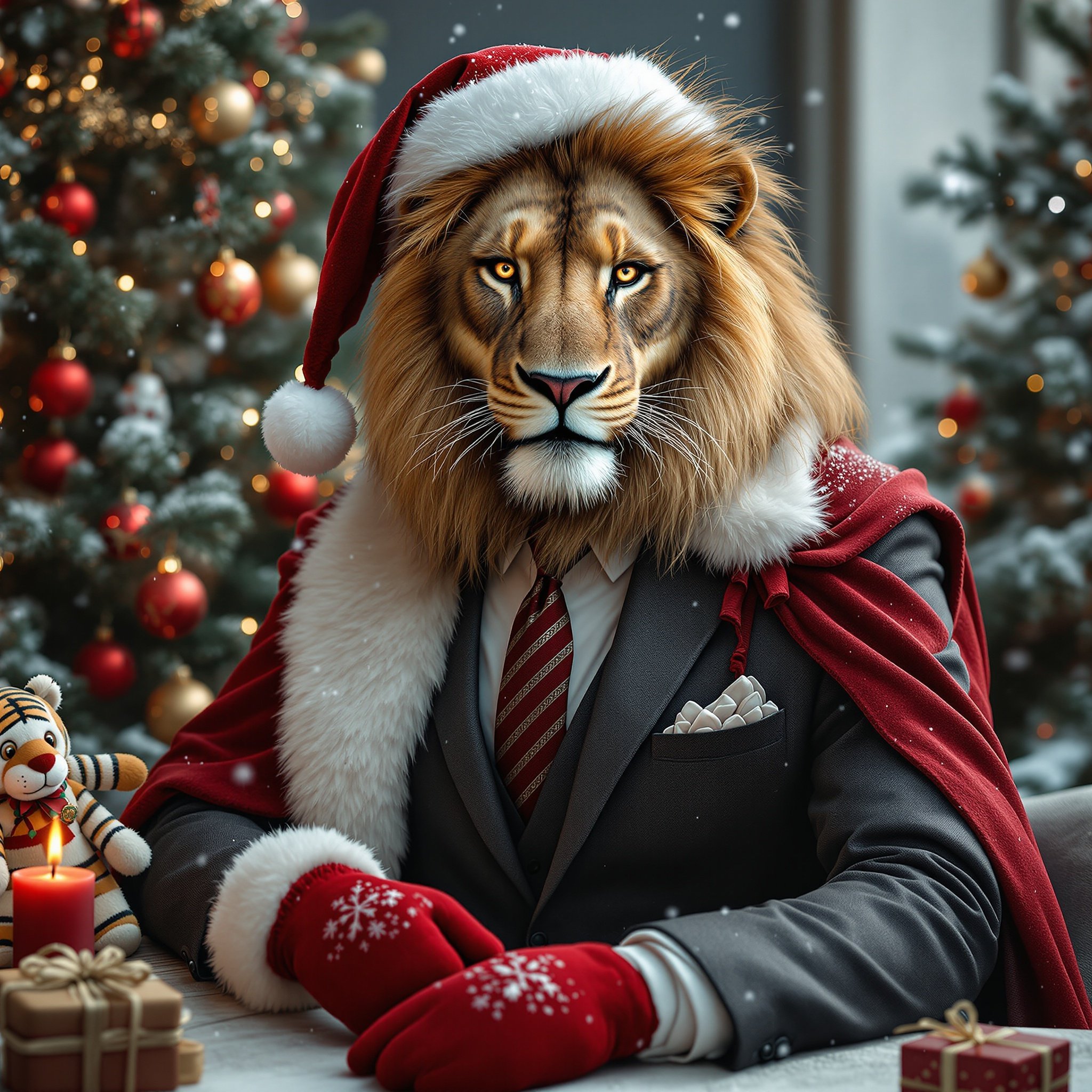 An ultra-realistic lion's head merged onto a human male body. The lion exudes power and sophistication. The lion's gaze is confident and piercing. The mane flows natural with individual strands highlighted. Dressed in a tailored charcoal suit with detailed textures. The white shirt has delicate folds. A slim tie is perfectly knotted. A plush red Santa cloak drapes elegantly over shoulders. Red mittens trimmed in white fur on human hands. Surrounding surface dusted with snow. Background features hyper-realistic Christmas trees with red and gold decorations. Warm lights cast a gentle glow. Elements include a plush tiger toy, a lit candle, and intricately wrapped gifts. Snowflakes fall gently creating realism and holiday wonder.