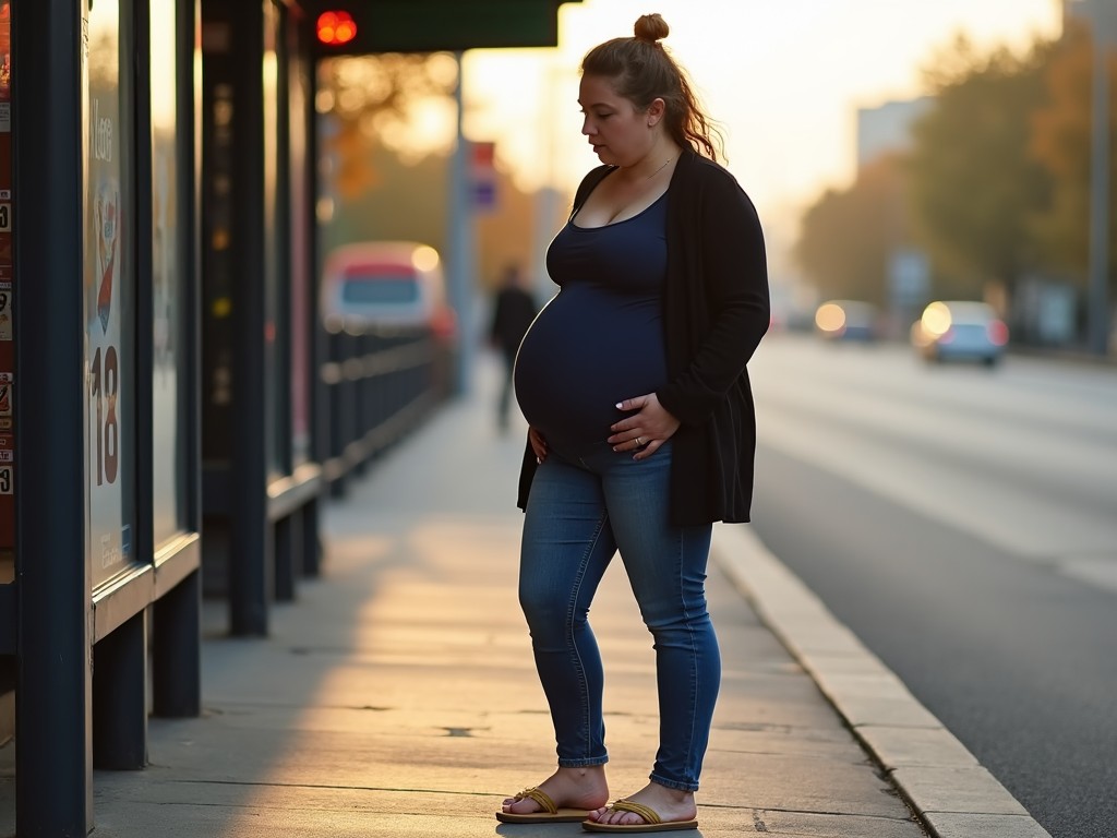 A pregnant woman standing at a bus stop during sunset, holding her belly, with a blurred cityscape in the background.