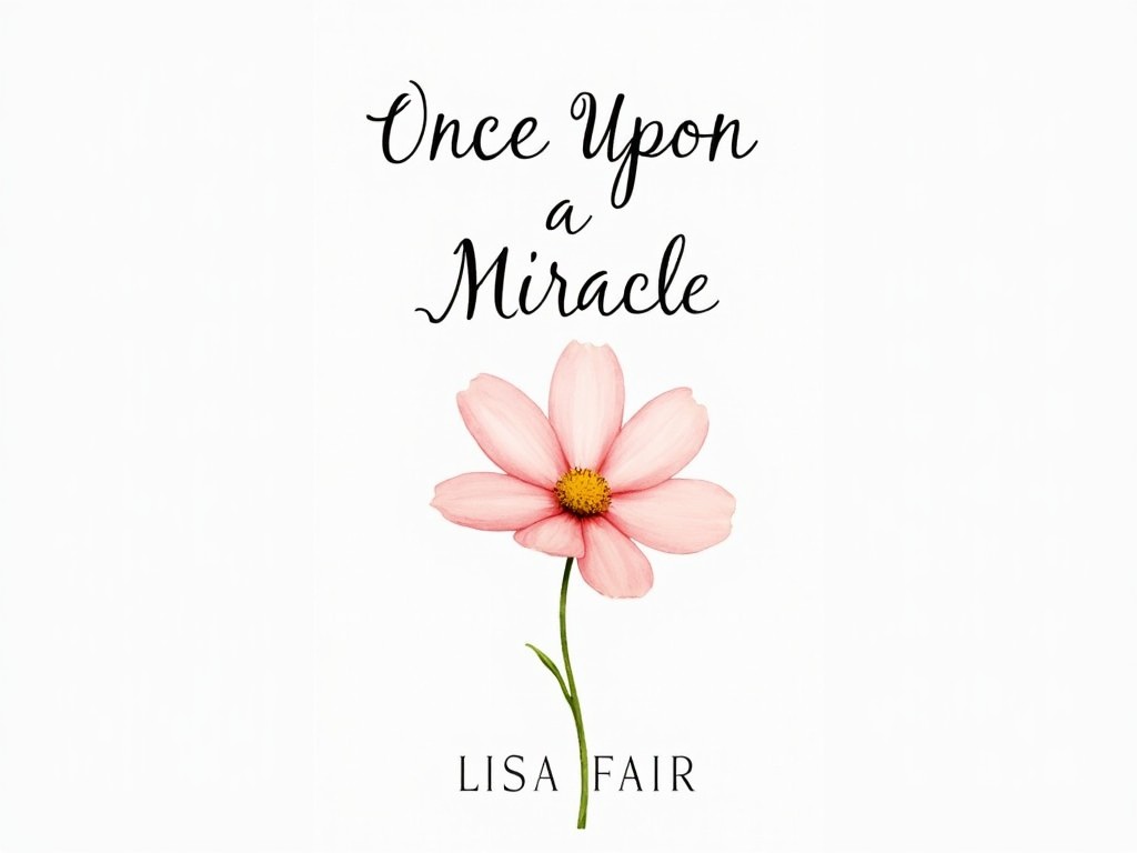 The image features a beautiful book cover design titled 'Once Upon a Miracle' by Lisa Fair. The cover showcases a delicate pink flower, adding a touch of elegance. The font used for the title is graceful and inviting, complementing the floral design. The background is a clean white, making the flower and text stand out prominently. This design evokes a sense of wonder and hope, perfectly suited for the book's theme.