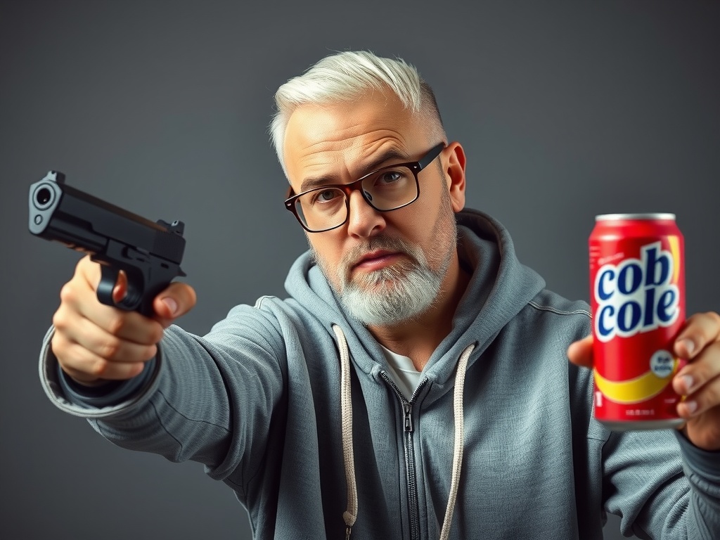 This image depicts an elderly man with white hair and a beard, holding a gun in one hand and a can of 'cob cole' in the other. He is wearing a grey hoodie, and the background is a soft gray that adds to the tension of the composition. The juxtaposition of the mundane soda can with the menacing presence of the gun creates a sense of irony and intrigue.