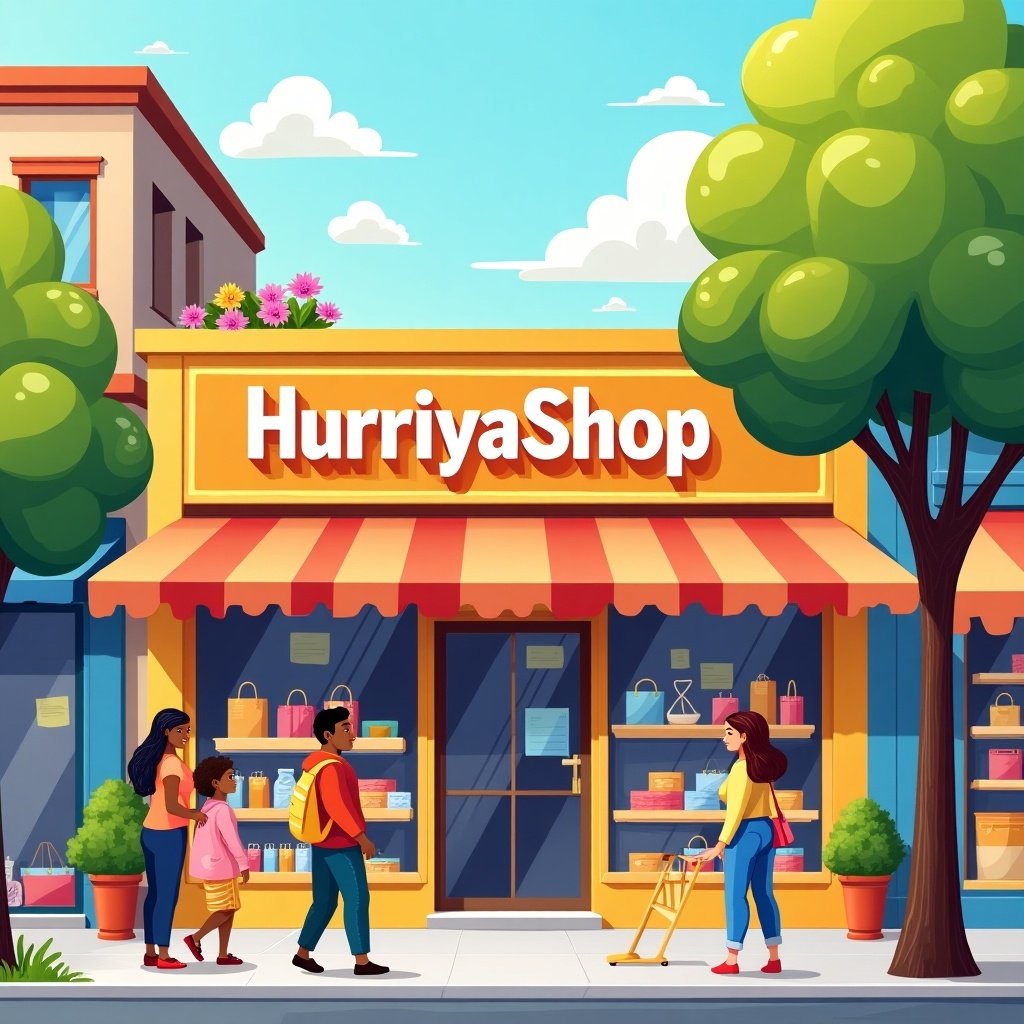 Illustration of a retail shop named HurriyaShop. The shop has a bright orange sign. Features trees and people walking by. Children with adults are seen. The shop has colorful displays in the windows.