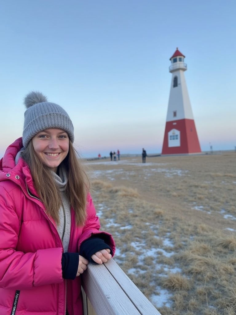 A girl wearing a pink coat standing near a lighthouse. The lighthouse is painted red and white and is situated in a scenic landscape during twilight with a snowy ground.