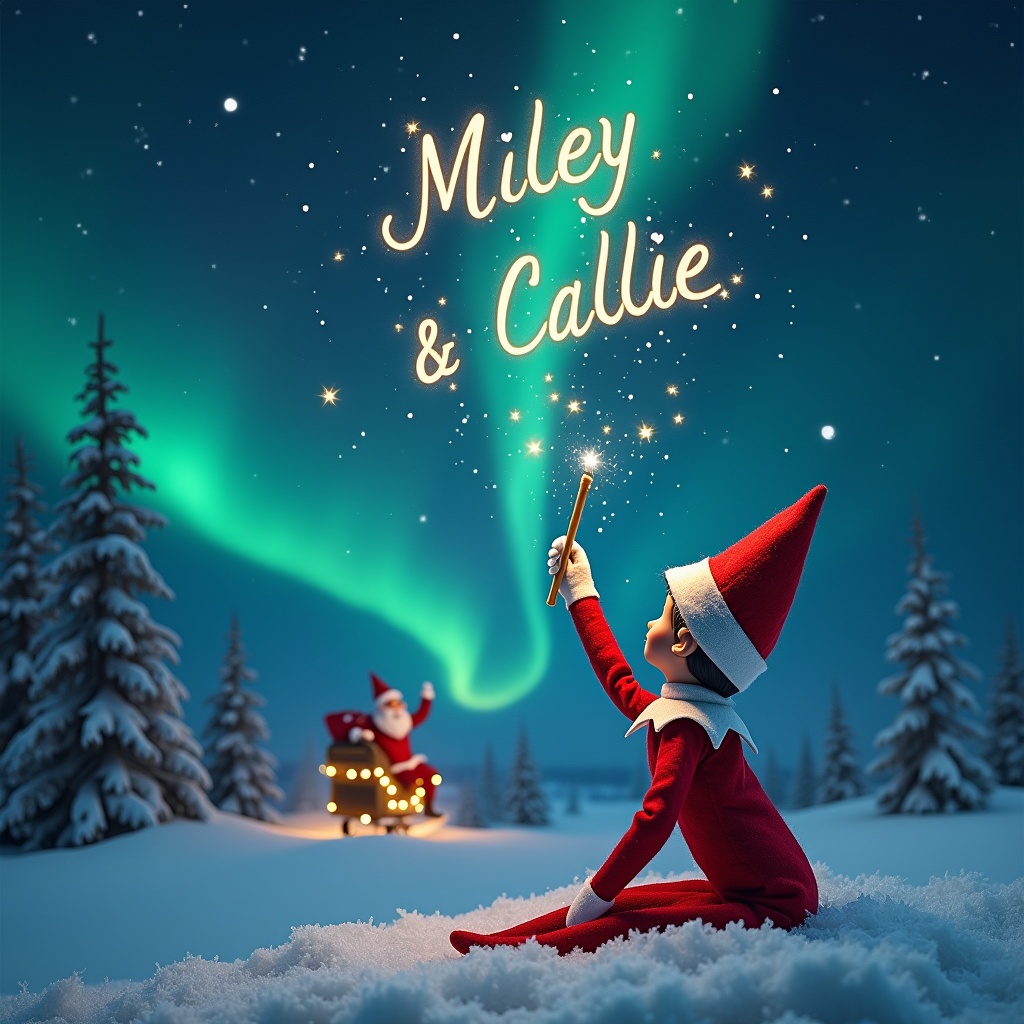 Enchanted Christmas scene featuring an elf with a wand. Elf sits with back to viewer watching night sky. Names 'Miley' and 'Callie' written in sky. Stunning northern lights in background with distant Santa Claus. Snow covers ground creating winter wonderland. Magical holiday joy captured.