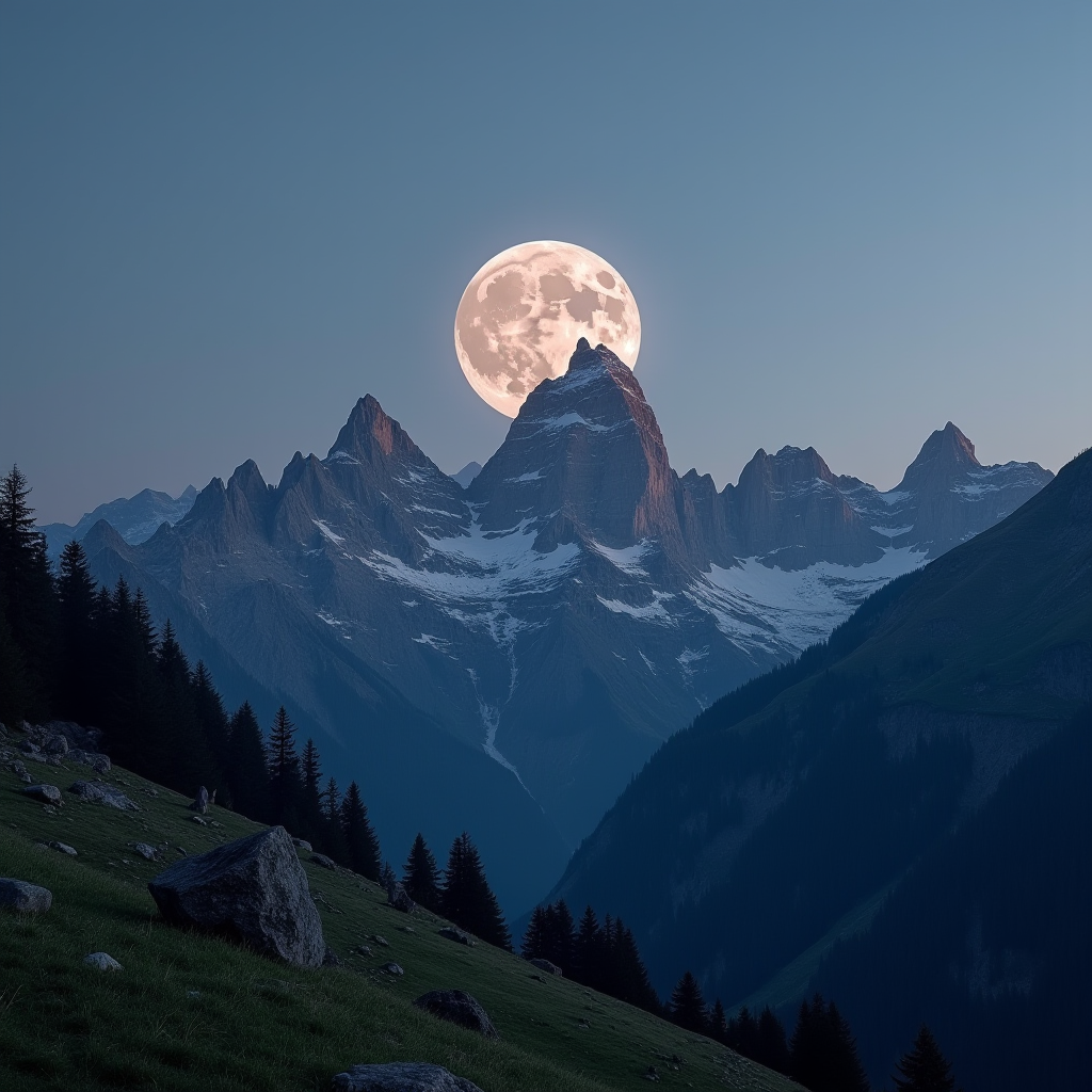 This image captures a breathtaking scene of a full moon rising over a range of jagged, alpine mountains. The moon appears huge against the evening sky, its surface details vividly visible. The peaks are dusted with snow, enhancing the dramatic contrast with the moonlight. In the foreground, a lush, green meadow with scattered rocks and silhouettes of tall pine trees creates a serene, natural setting. The deep blue hues of the twilight sky add to the mystic atmosphere, making the entire composition feel ethereal and tranquil.