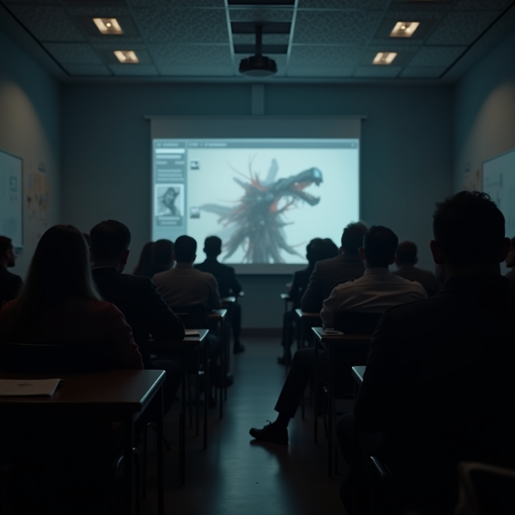 The image depicts a dimly lit classroom filled with people attentively watching a presentation. The room is set up in a traditional style, with individuals seated at desks facing a projector screen. The focus of the presentation is an abstract, fantastical image of a creature that resembles a dragon or mythical beast with sharp features and vibrant, chaotic elements. The room's lighting creates a contrast between the soft shadows of the audience and the bright projection, emphasizing the mysterious and imaginative nature of the content being discussed. The atmosphere suggests a professional or educational setting, likely related to art, creativity, or a similar field.