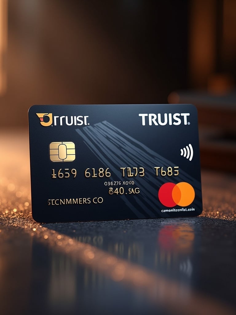 Close-up image of a Truist bank credit card on a softly illuminated surface. Card features the Truist logo and a Mastercard symbol. Includes card details such as numbers.