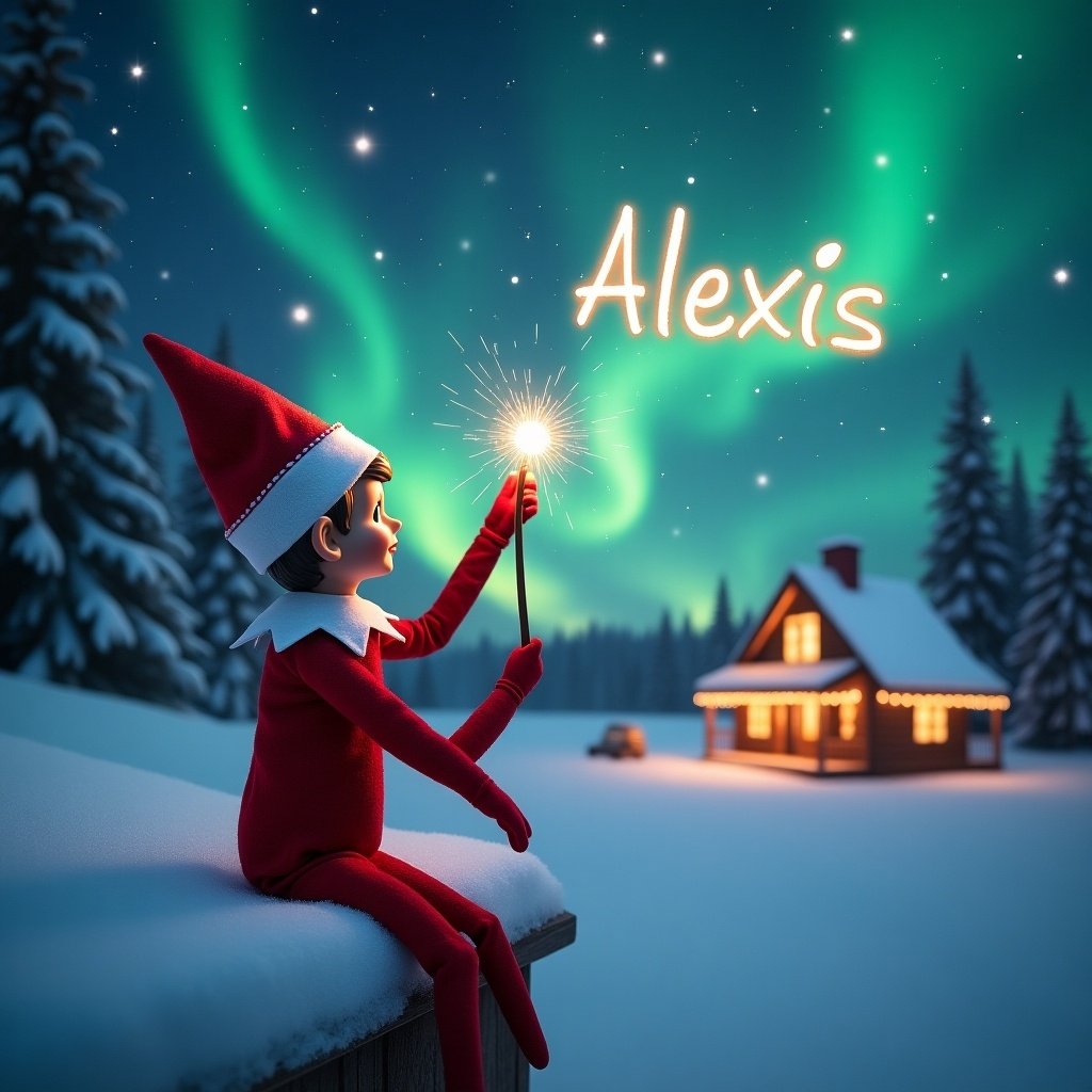 Elf on the shelf is sitting on a snowy ledge gazing at the sky. He holds a wand writing the word Alexis. The background features northern lights and a cozy cabin. Santa and his sleigh are flying across the night sky. The scene captures the spirit of Christmas magic and joy.