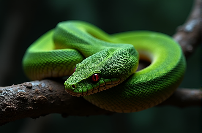 A vibrant green tree python with striking red eyes coils gracefully around a branch, set against a dark, blurred background.