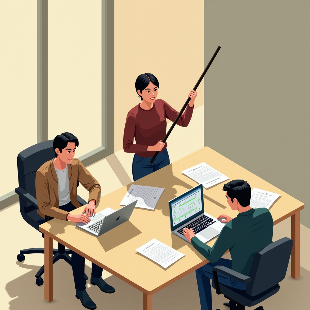 Three colleagues collaborate in an office, engaged in a discussion with laptops and documents on the table.