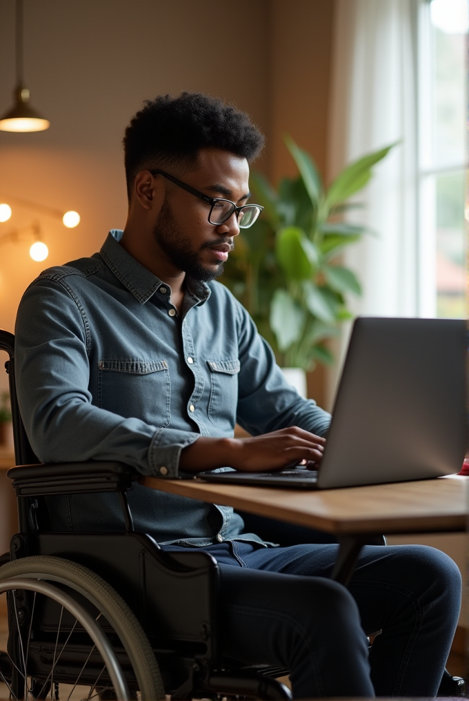 A person in a wheelchair works intently on a laptop in a well-lit room with creative decor and greenery.