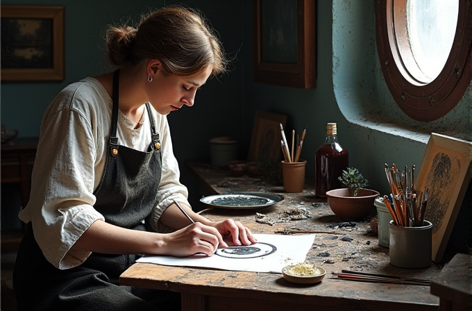 A person sits at a wooden table, drawing in a sunlit room filled with art supplies.