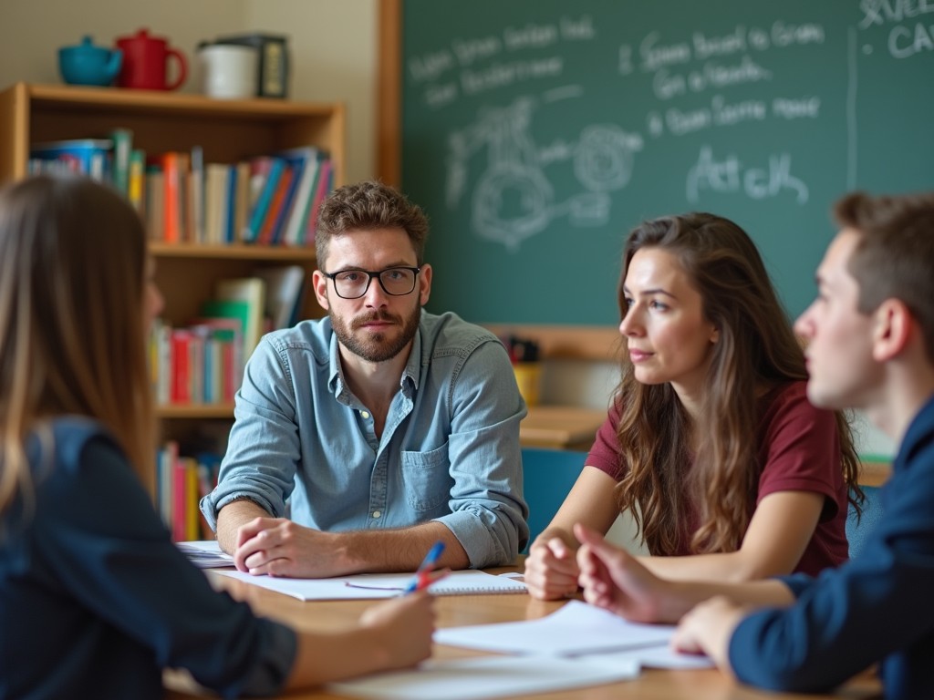 In a vibrant classroom, a group of students engages in a discussion. One student, wearing glasses, attentively listens while others participate. The room has bookshelves filled with colorful books, creating an inviting atmosphere. A chalkboard in the background displays diagrams and notes. The scene captures the essence of learning and collaboration among peers.