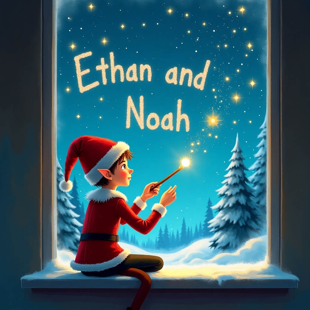 The image portrays a whimsical holiday scene with an elf on a windowsill. The elf, in a red Santa outfit, uses a magic wand to inscribe the names 'Ethan and Noah' in a starry sky. The backdrop features magical northern lights and snow-covered trees. This enchanting atmosphere captures the essence of Christmas magic. It evokes feelings of joy and childlike wonder, making it ideal for holiday-themed designs.