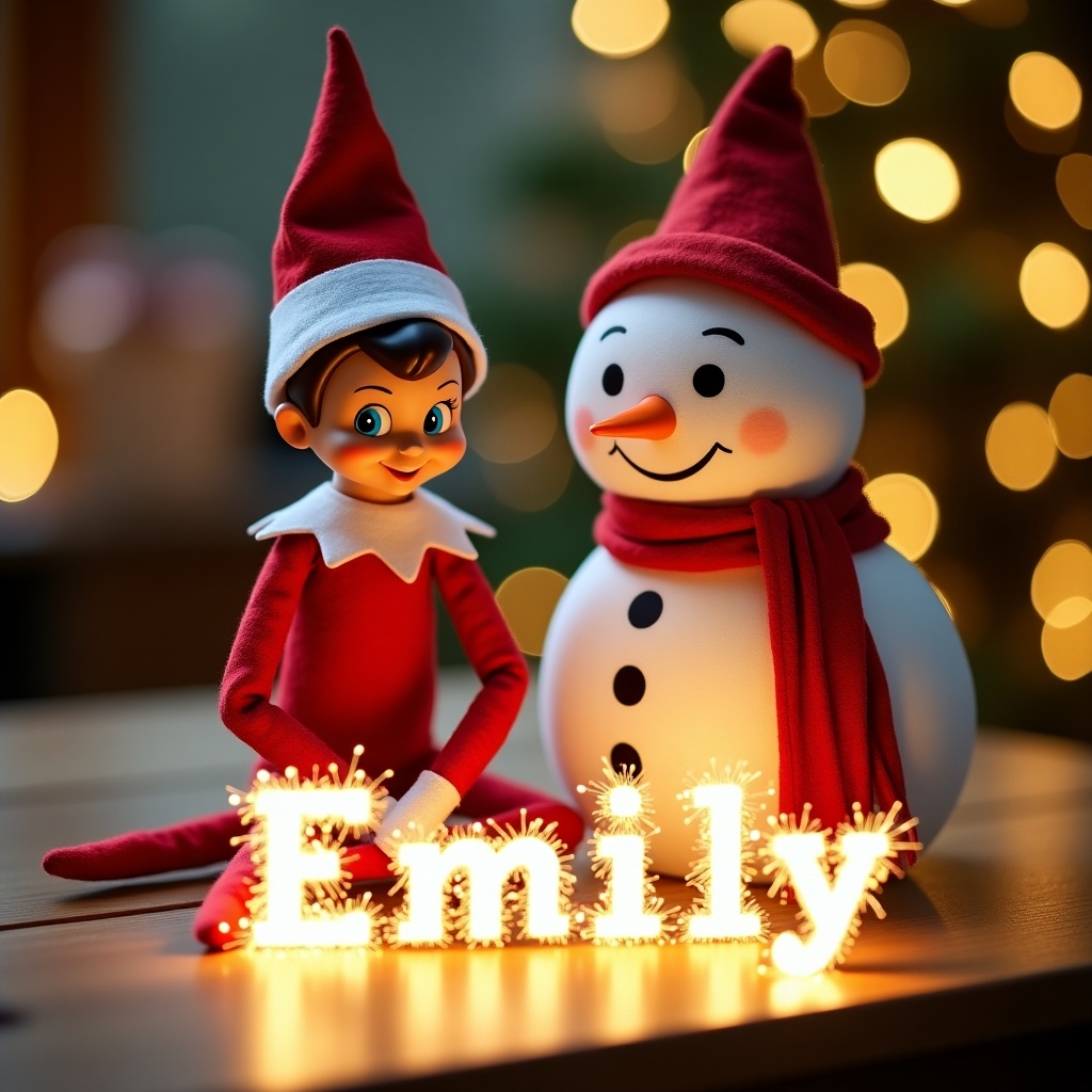 Cheerful elf on the shelf and snowman play during Christmas season. They sit on wooden table with twinkling lights. Elf wears red and white outfit. Snowman has a friendly smile with red scarf. Both focus on sparkles spelling name. The scene captures warm holiday spirit.