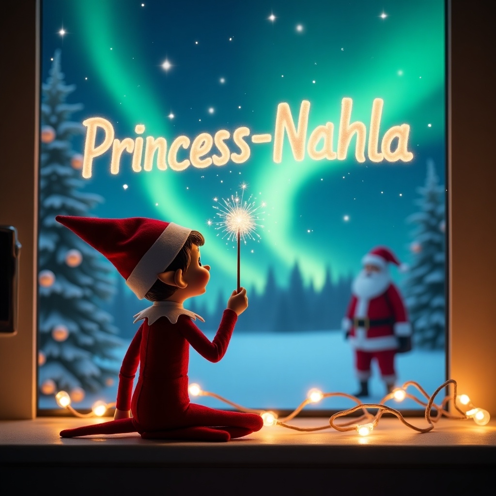 The image features an elf on a shelf, with its back turned to the viewer, gazing up at the sky. The elf holds a wand, magically writing the name 'Princess-Nahla' in sparkling letters. In the background, enchanting northern lights glow vividly. In the distance, Santa Claus can be seen, adding to the festive atmosphere. The scene is illuminated with soft, glowing lights, creating a whimsical and inviting holiday vibe. It captures the essence of Christmas magic for children and families alike.