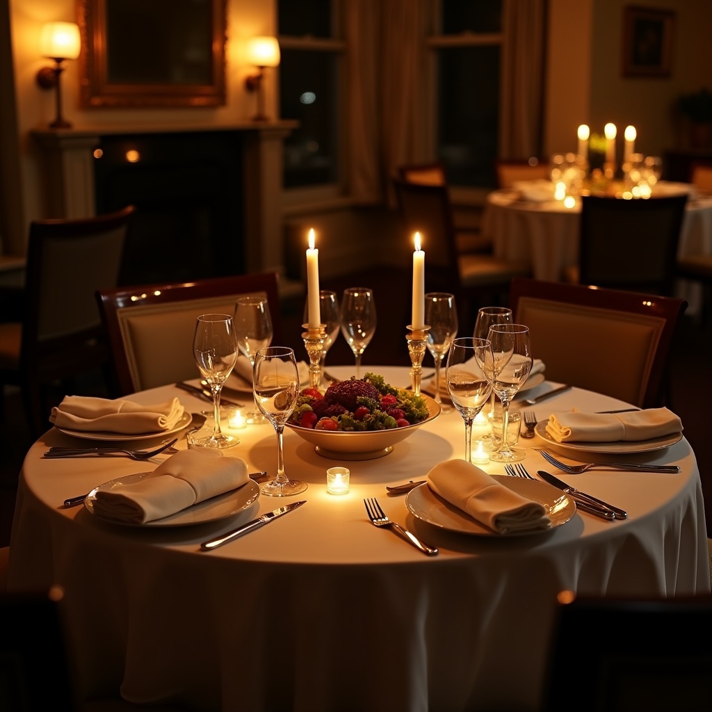 Set dining table with elegant tableware and centerpiece under warm candlelight. Cozy and inviting atmosphere. Plates, wine glasses, and candles arranged beautifully.