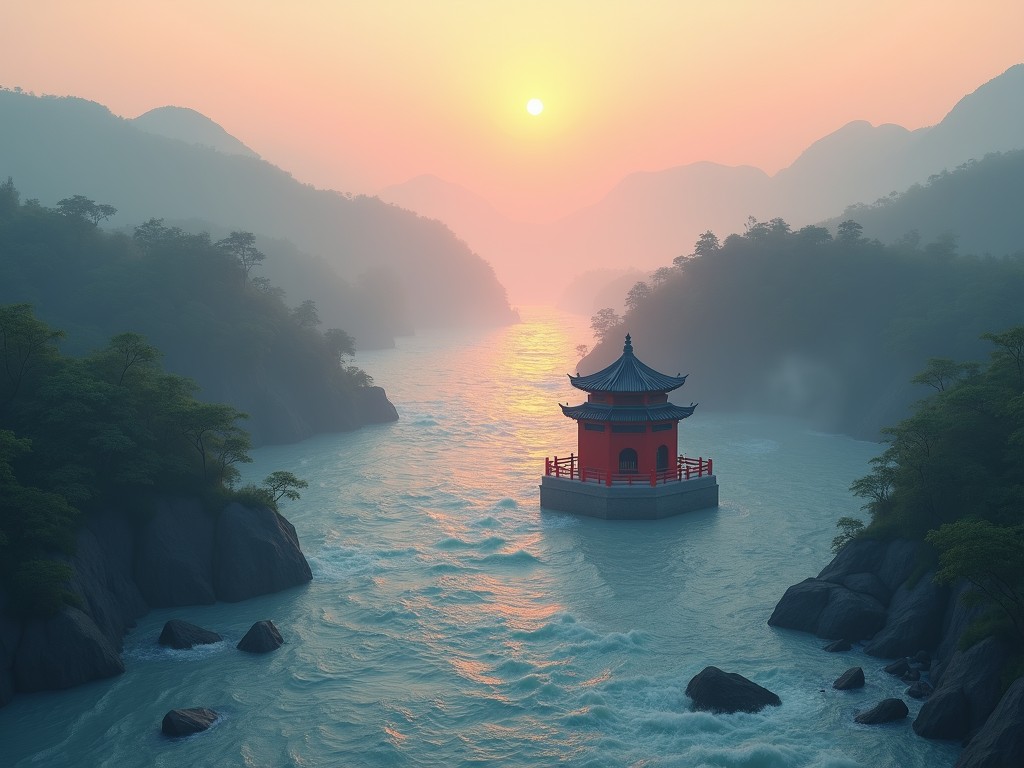 A serene landscape featuring a traditional red pagoda emerging from the waters of a tranquil river. The scene is enveloped by rolling, mist-clad hillsides under a soft, pastel-hued sunrise. The calm flow of the water and the distant silhouette of the mountains create a harmonious and peaceful atmosphere.