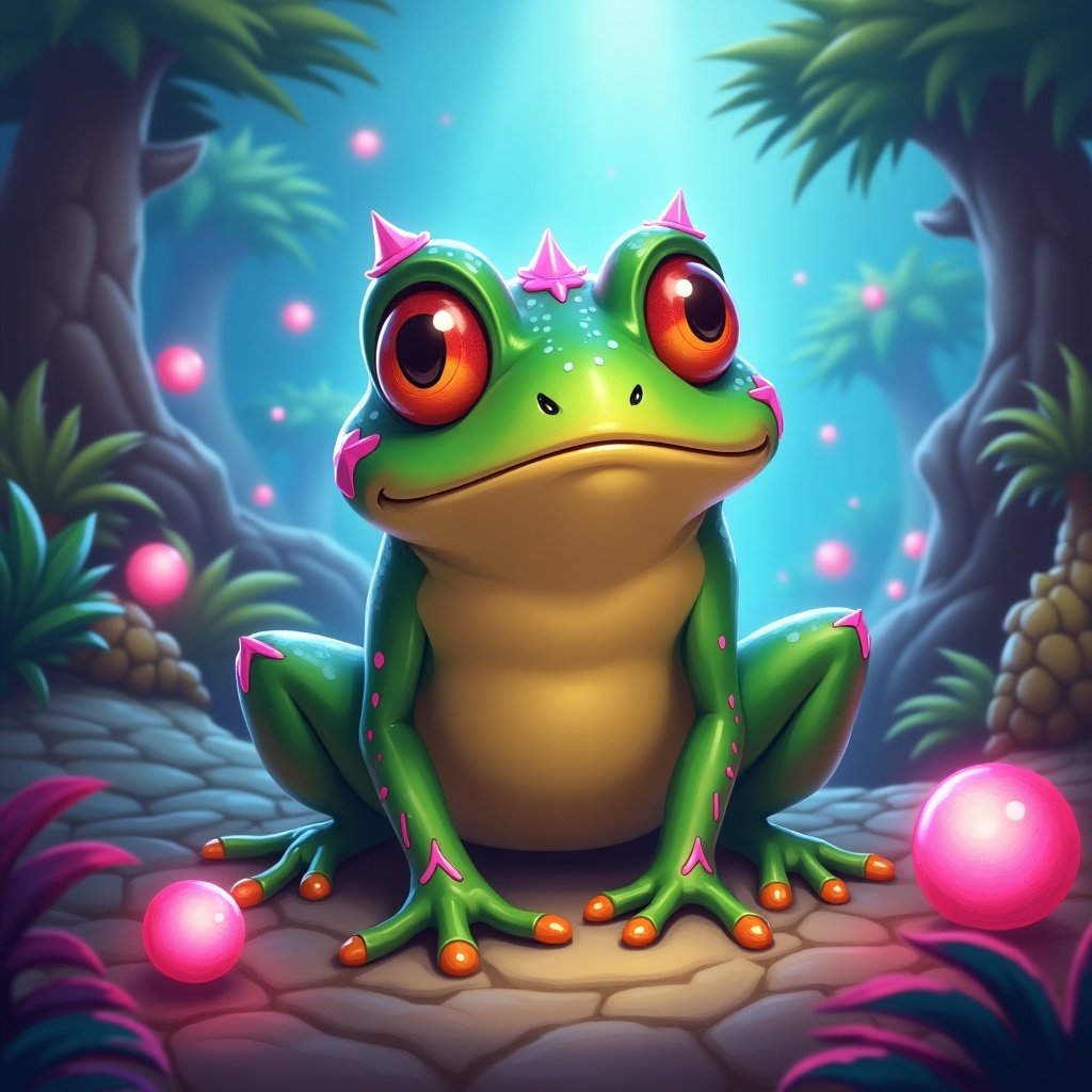 The image showcases a vibrant and whimsical frog in a fantasy setting. This soul frog features bright green skin with pink markings and large, expressive eyes. It sits on a path surrounded by greenery and glowing orbs that emit a magical aura. The background is enriched with soft, colorful light filtering through the trees, enhancing its enchanting appearance. The overall design resembles the art style found in games like Hearthstone, appealing to both children and adults who enjoy fantasy themes.