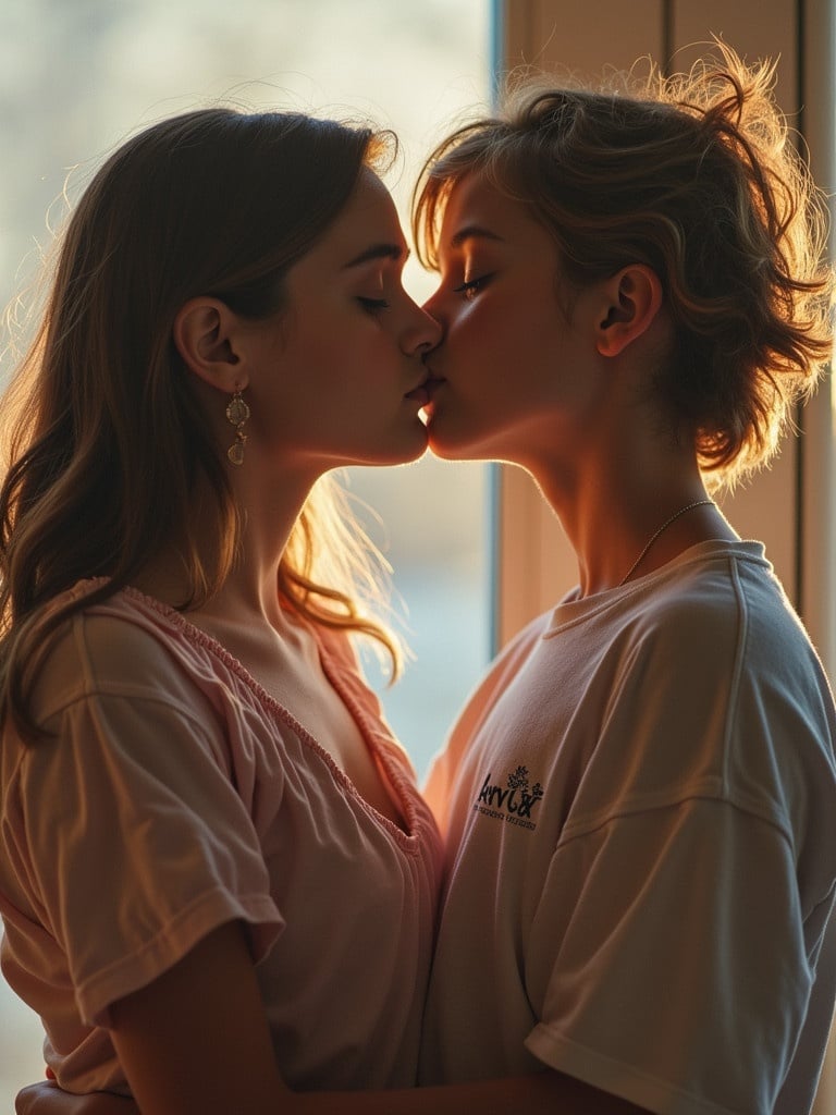 A couple is leaning in for a kiss. They are close together. Warm light illuminates their faces. The scene is intimate and touching. The emotion conveyed is love and connection.