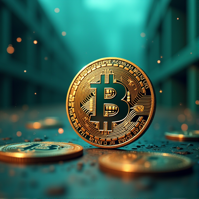 A golden Bitcoin stands prominently on a surface with a blurred background, symbolizing digital currency.