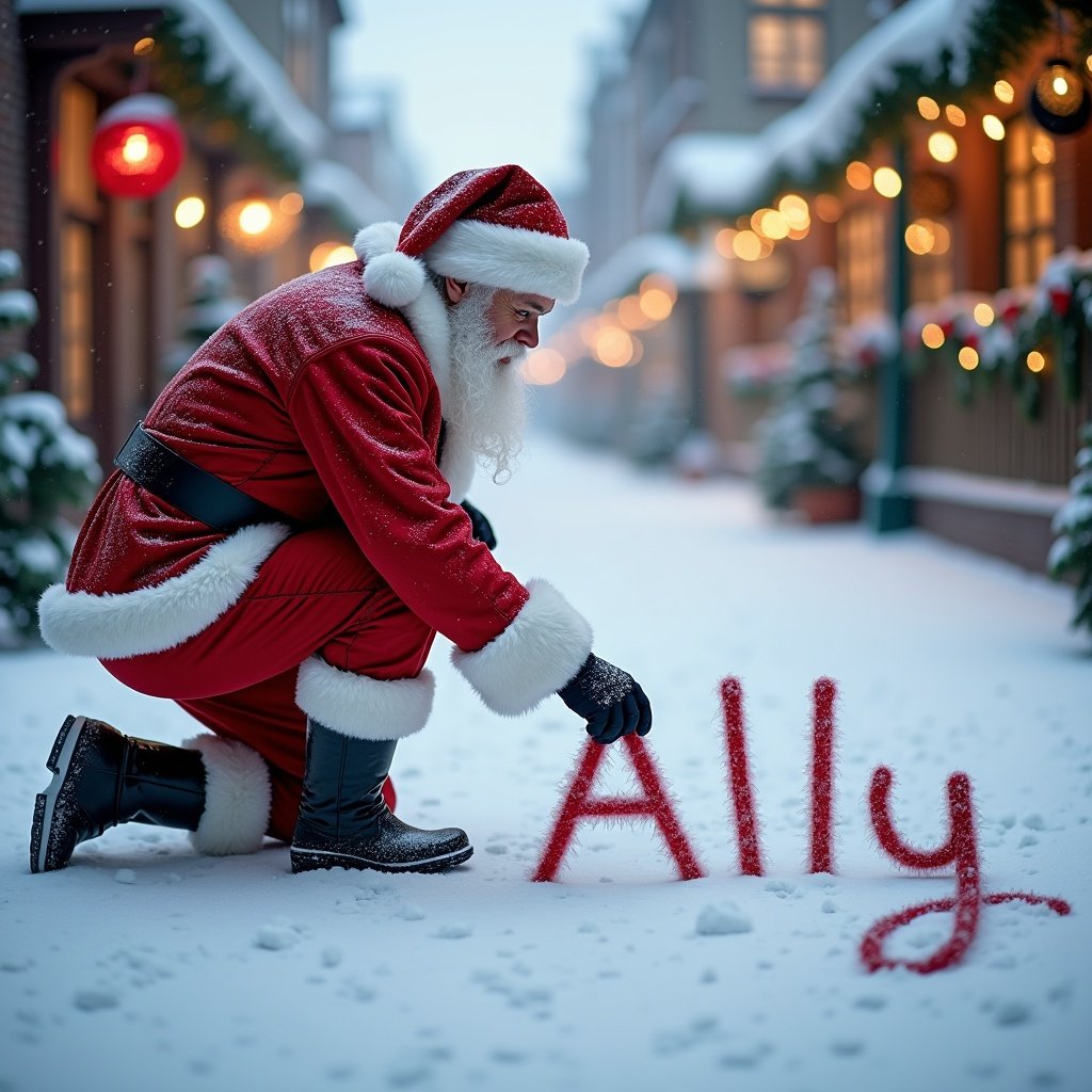 Santa Claus writes the name Ally in the snow while dressed in red and white attire. He kneels on a snowy street surrounded by buildings decorated for Christmas. The scene conveys a cheerful and festive atmosphere with warm lighting.