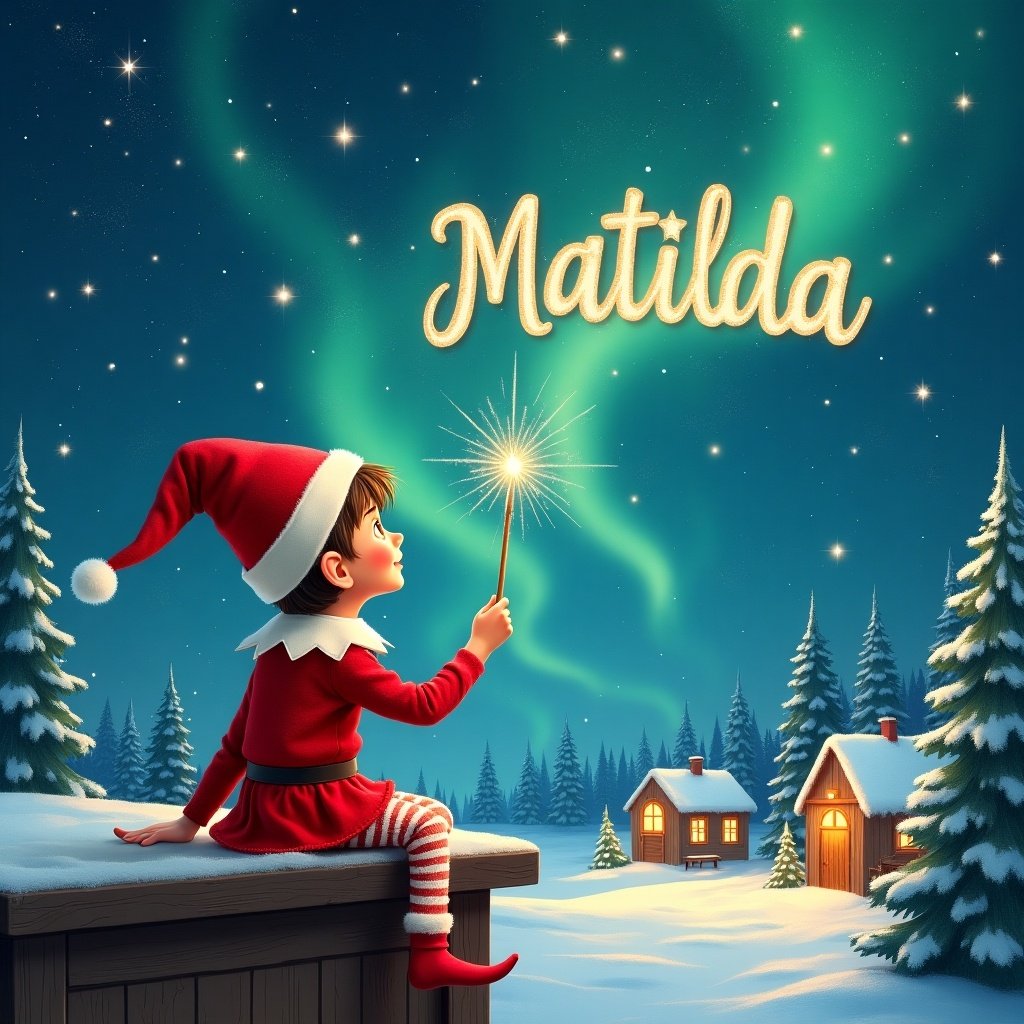 Elf sits on wooden ledge looking at magical sky. Red outfit with pointed hat. Holds sparkling wand. Writes 'Matilda' in starry sky. Snowy landscape, charming houses, evergreen trees under Northern Lights. Whimsical Christmas magic.