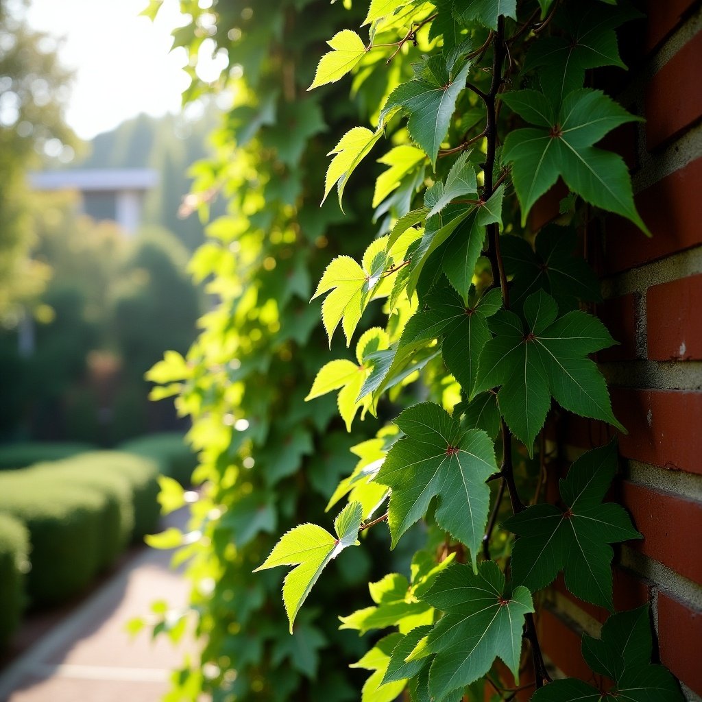 This image features lush green ivy leaves climbing up a textured brick wall. The leaves are vibrant and fresh, illuminated by soft sunlight. In the background, a hint of a landscaped area can be seen, providing a natural setting. The focus is on the ivy, showcasing its intricate details and vivid color. The interplay of light creates a serene and inviting atmosphere, perfect for nature enthusiasts and gardening lovers.