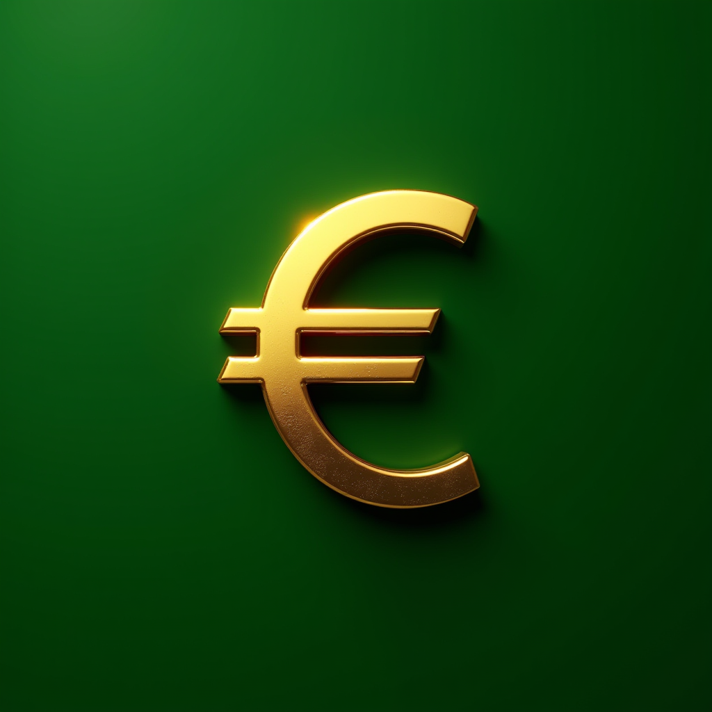 A shiny golden euro symbol against a rich green background.