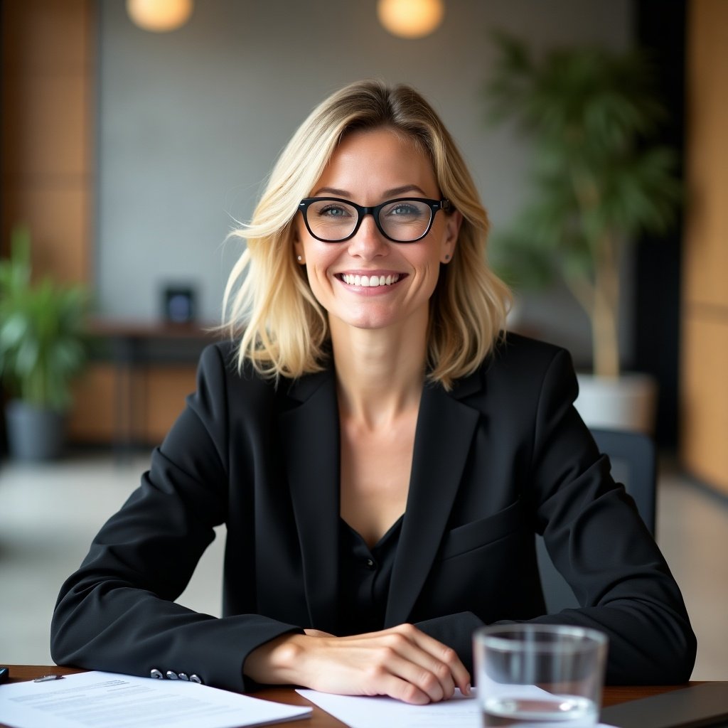 Professional woman with blonde hair wearing black-framed glasses and a black blazer. She looks confident and approachable with a warm smile. Seated at a desk with office supplies, a laptop, and a glass of water. The imagined background in a modern office setting with wood and plant elements.