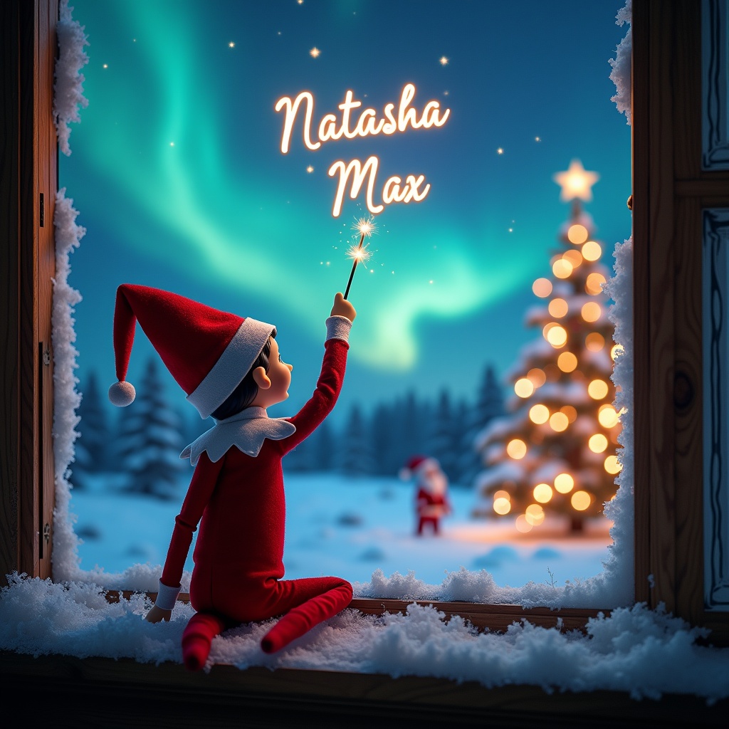 An enchanting Christmas scene features an elf on the shelf with his back to the viewer, gazing up at a magical sky. The elf is using a wand to elegantly write the names 'Natasha' and 'Max' in the air. In the background, the landscape is illuminated by beautiful northern lights and adorned with a Christmas tree sparkling with lights. Santa Claus is visible in the distance, creating a whimsical and festive atmosphere. Snow gently covers the window ledge, adding to the cozy feel of the scene.