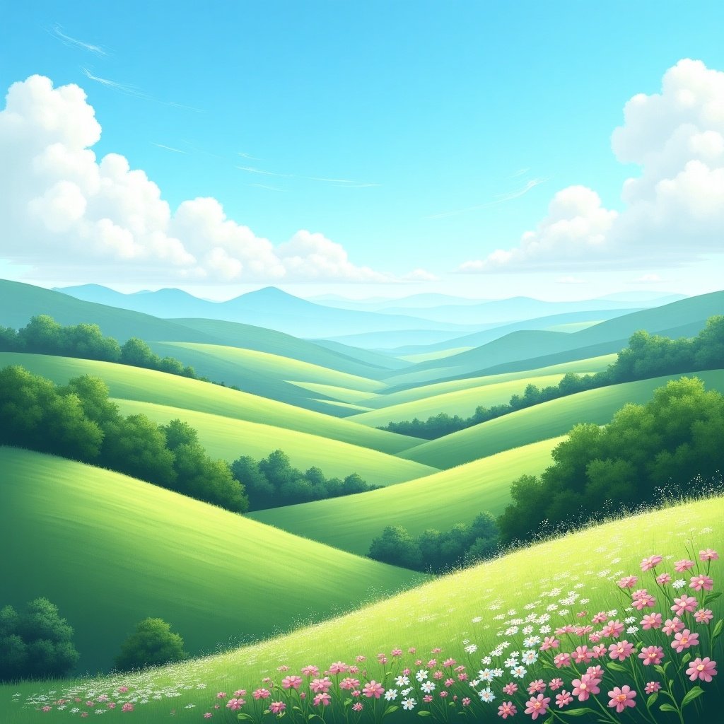 A vibrant landscape showing rolling green hills under a clear blue sky with fluffy clouds. The foreground has colorful flowers, enhancing the natural beauty. Focusing on tranquility and lush greenery.