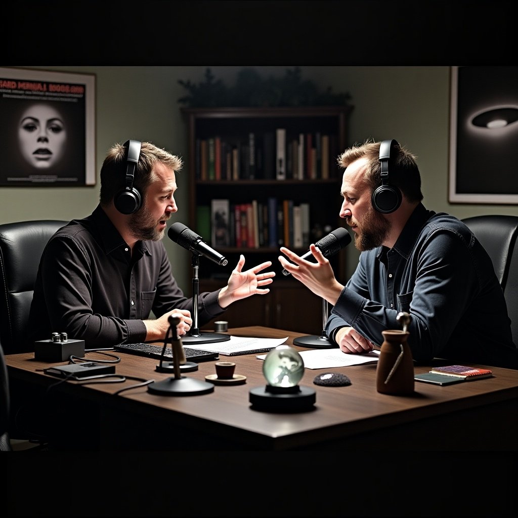 Two men seated at a desk discussing paranormal topics in a podcast format. They are using microphones and appear engaged in conversation.