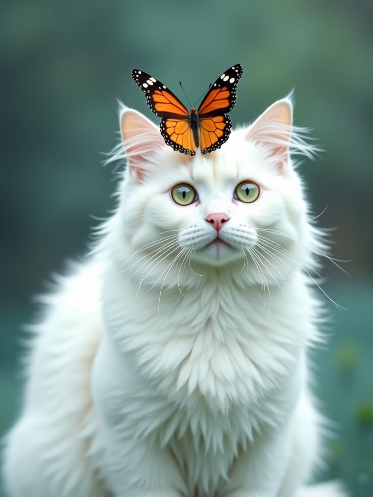 Portrait of a fluffy white cat with striking green eyes gazing forward. A vibrant orange and black butterfly rests on the cat's head. Softly blurred background enhances tranquility. This captures the delicate balance of nature.