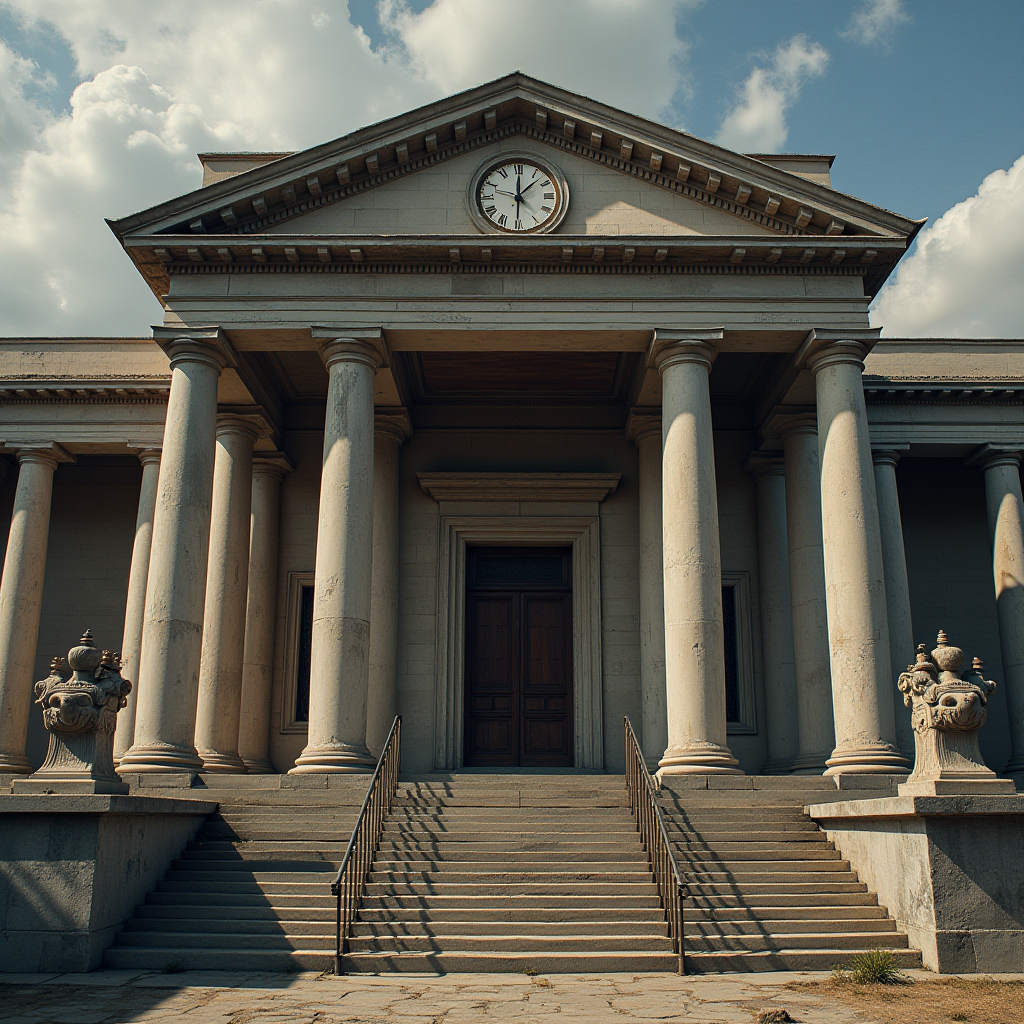 A grand building with large columns and a clock on its facade, under a partly cloudy sky.