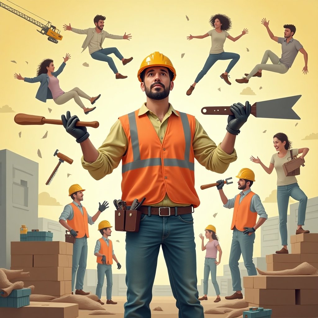 Image depicting the concept of work life balance in construction which is ineffective. A construction worker in an orange vest holds tools. Other workers are seen engaged in different activities. A surreal atmosphere with figures floating and working.